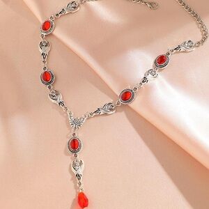 Gothic Bat chain link with Red Stone Vampire teardrop bead, Y shaped necklace